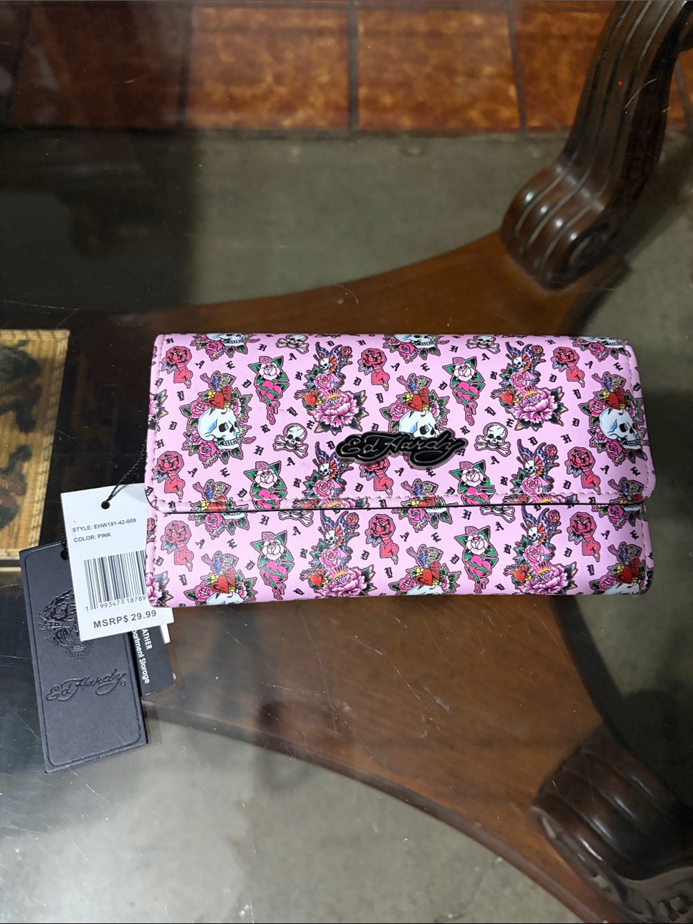 Ed Hardy Pink Floral Skull Foldover Wallet